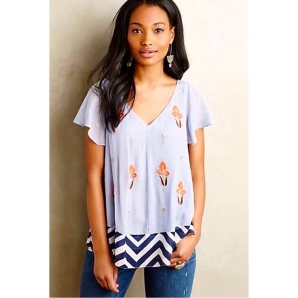 Floreat by Anthropologie light blue floral, embroidered sheer Color block blouse